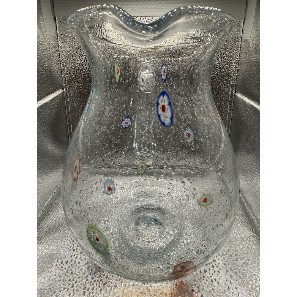 Hand Blown Clear Glass Pitcher with Millefiori  9" x 7" - Picture 2 of 7